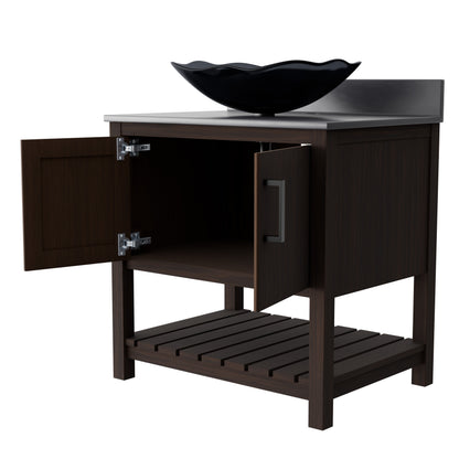 30-inch Novatto bath vanity with storm grey quartz countertop and integrated sink, showcasing sleek bathroom accessory design