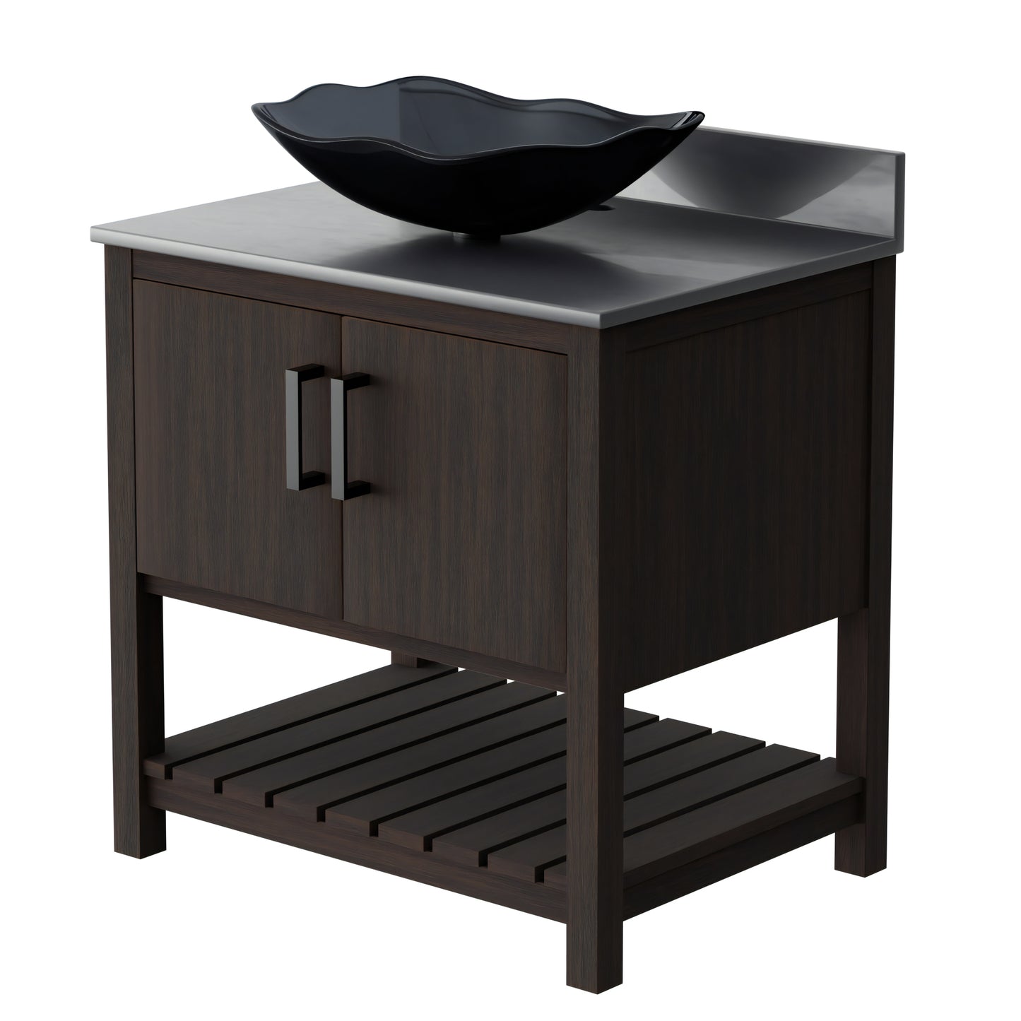 30-inch Novatto bathroom vanity with storm grey quartz countertop and sink, modern accessory for stylish bathroom decor