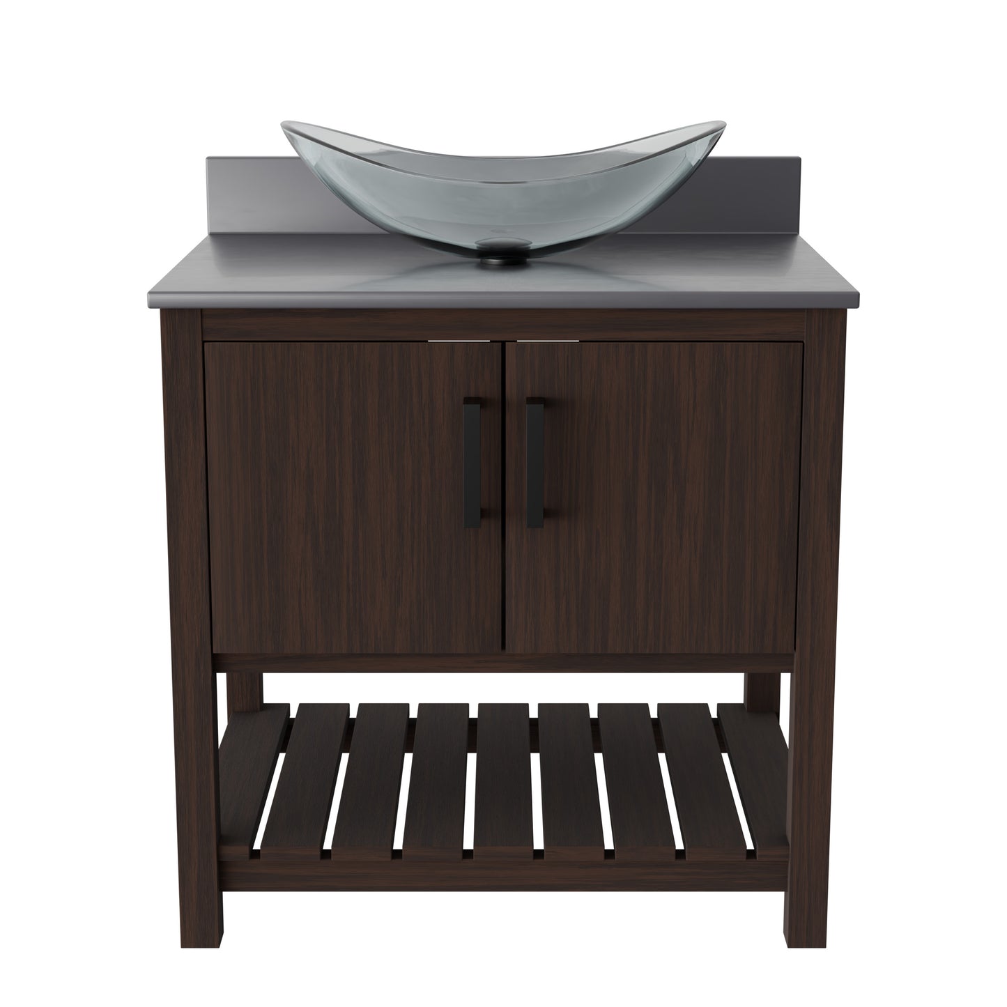 30-inch Novatto bath vanity with storm grey quartz countertop and sink, showcasing modern bathroom accessory design.