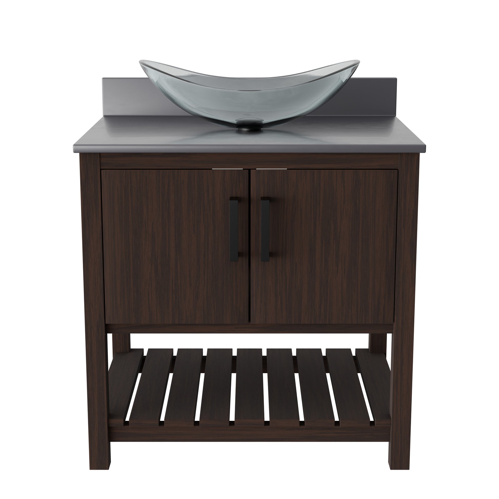 30-inch Novatto bath vanity with storm grey quartz countertop and sink, showcasing modern bathroom accessory design.