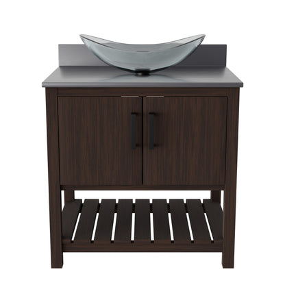 30-inch Novatto bath vanity with storm grey quartz countertop and sink, showcasing modern bathroom accessory design.