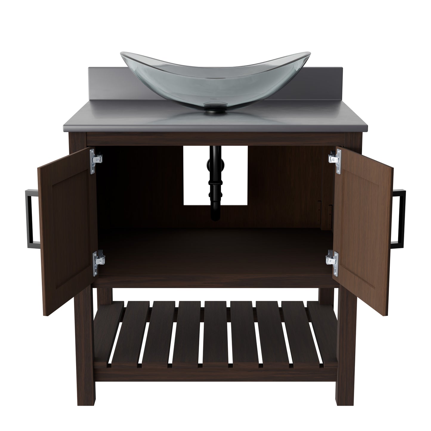 30-inch Novatto bath vanity with storm grey quartz countertop and integrated sink, showcasing sleek bathroom accessory design.