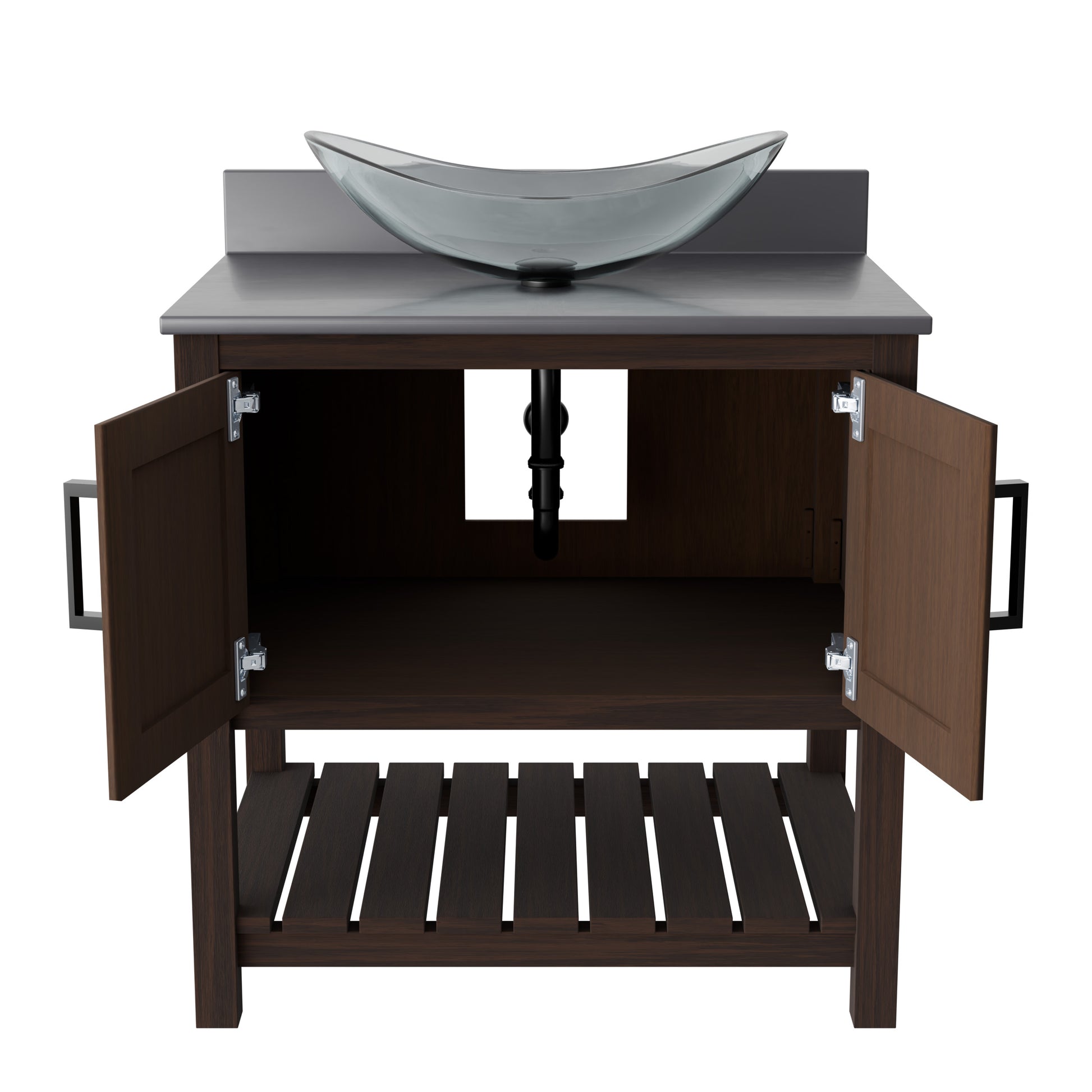 30-inch Novatto bath vanity with storm grey quartz countertop and integrated sink, showcasing sleek bathroom accessory design.