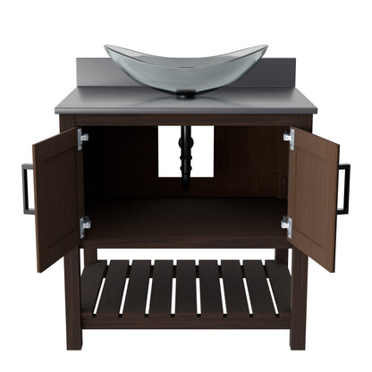 30-inch Novatto bath vanity with storm grey quartz countertop and integrated sink, showcasing sleek bathroom accessory design.