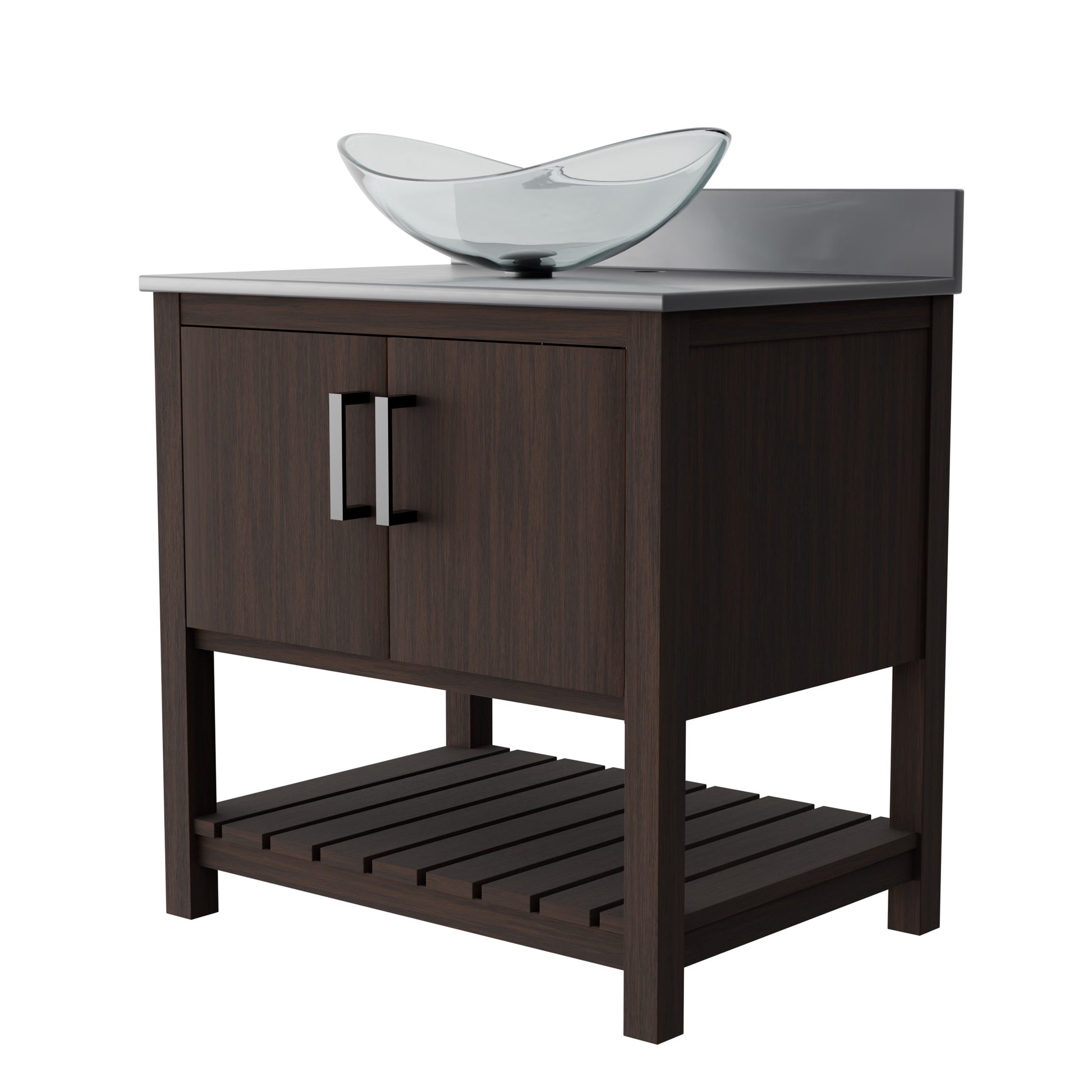 30-inch Novatto bath vanity with storm grey quartz countertop and integrated sink, showcasing modern bathroom accessory design.