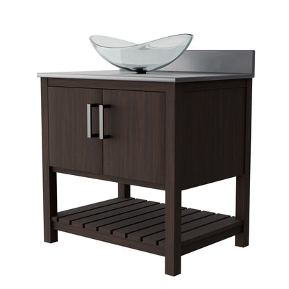 30-inch Novatto bath vanity with storm grey quartz countertop and integrated sink, showcasing modern bathroom accessory design.