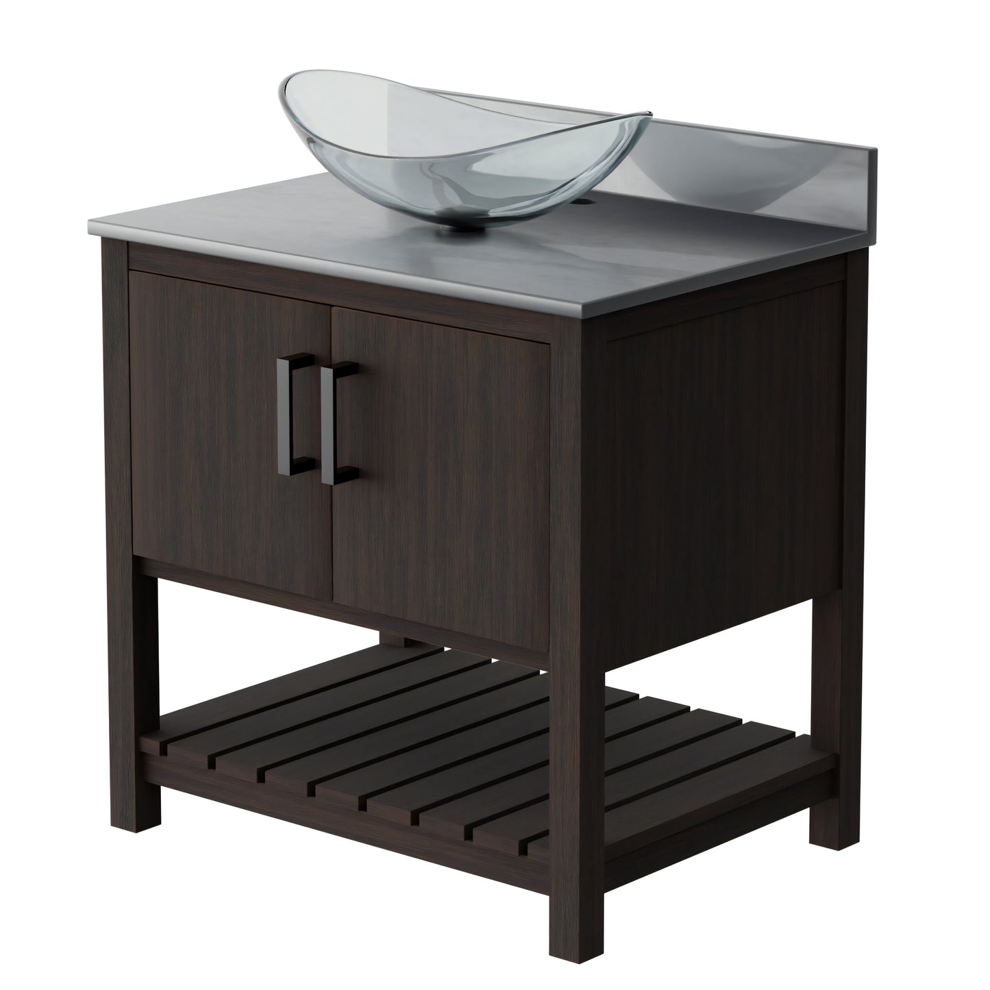 30-inch Novatto bath vanity with storm grey quartz countertop and sink, modern bathroom accessory with sleek design.