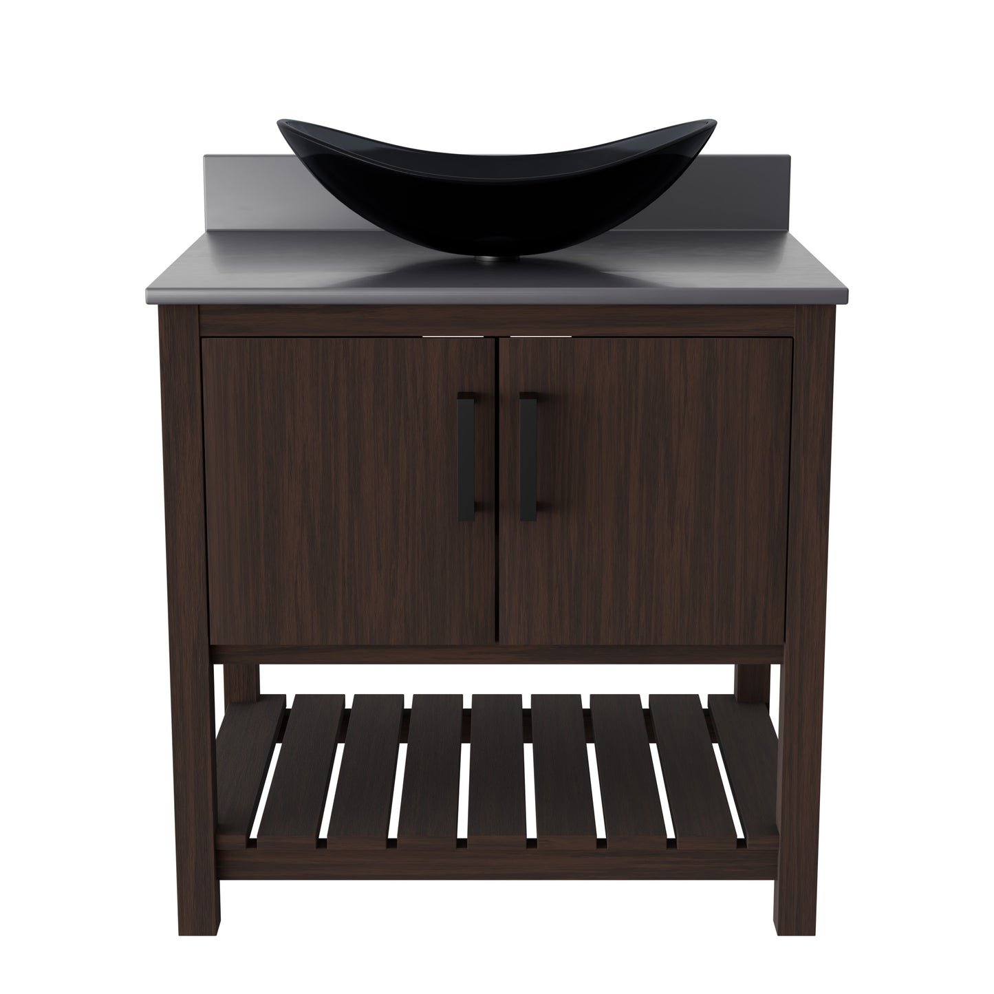 30-inch Novatto bath vanity with storm grey quartz counter and integrated sink, showcasing sleek bathroom accessory design