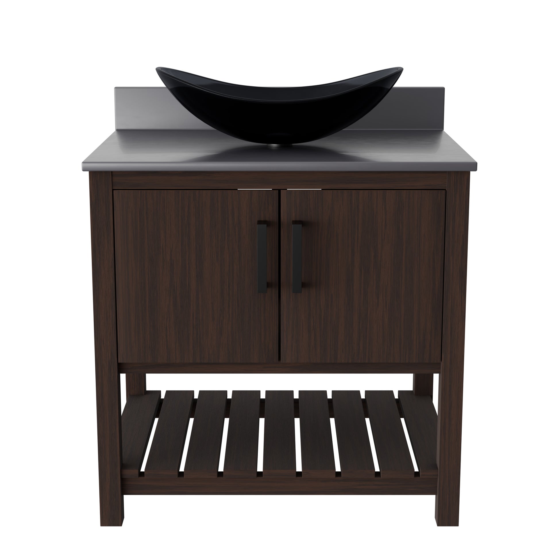 30-inch Novatto bath vanity with storm grey quartz counter and integrated sink, showcasing sleek bathroom accessory design
