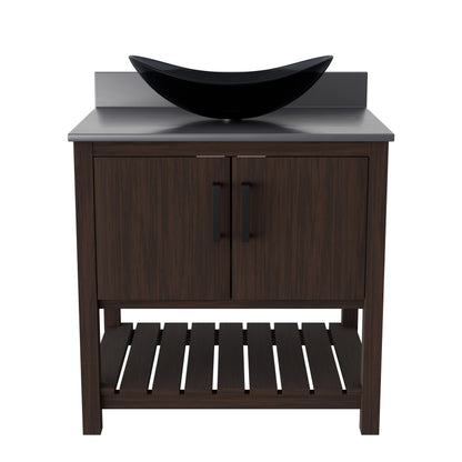 30-inch Novatto bath vanity with storm grey quartz counter and integrated sink, showcasing sleek bathroom accessory design