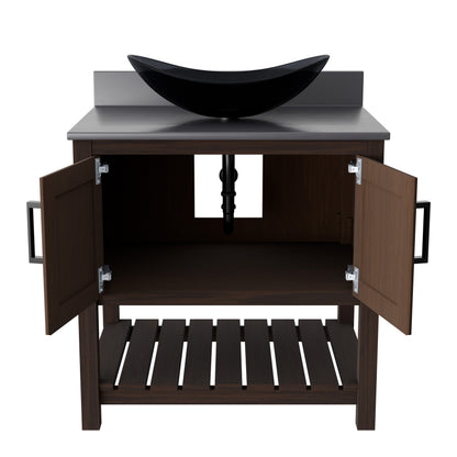 30-inch Novatto bath vanity with storm grey quartz countertop and integrated sink, showcasing modern bathroom accessory design.