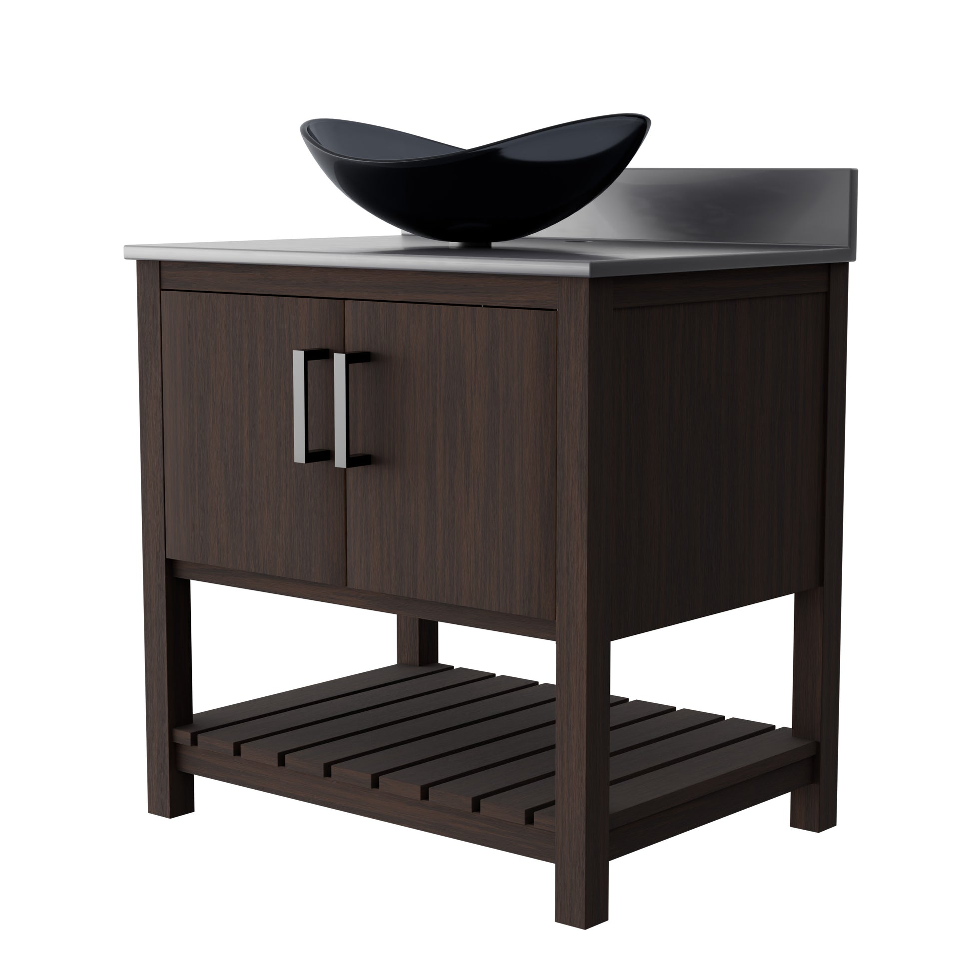Novatto 30-inch bathroom vanity with storm grey quartz countertop and sink, showcasing modern design and durable materials.