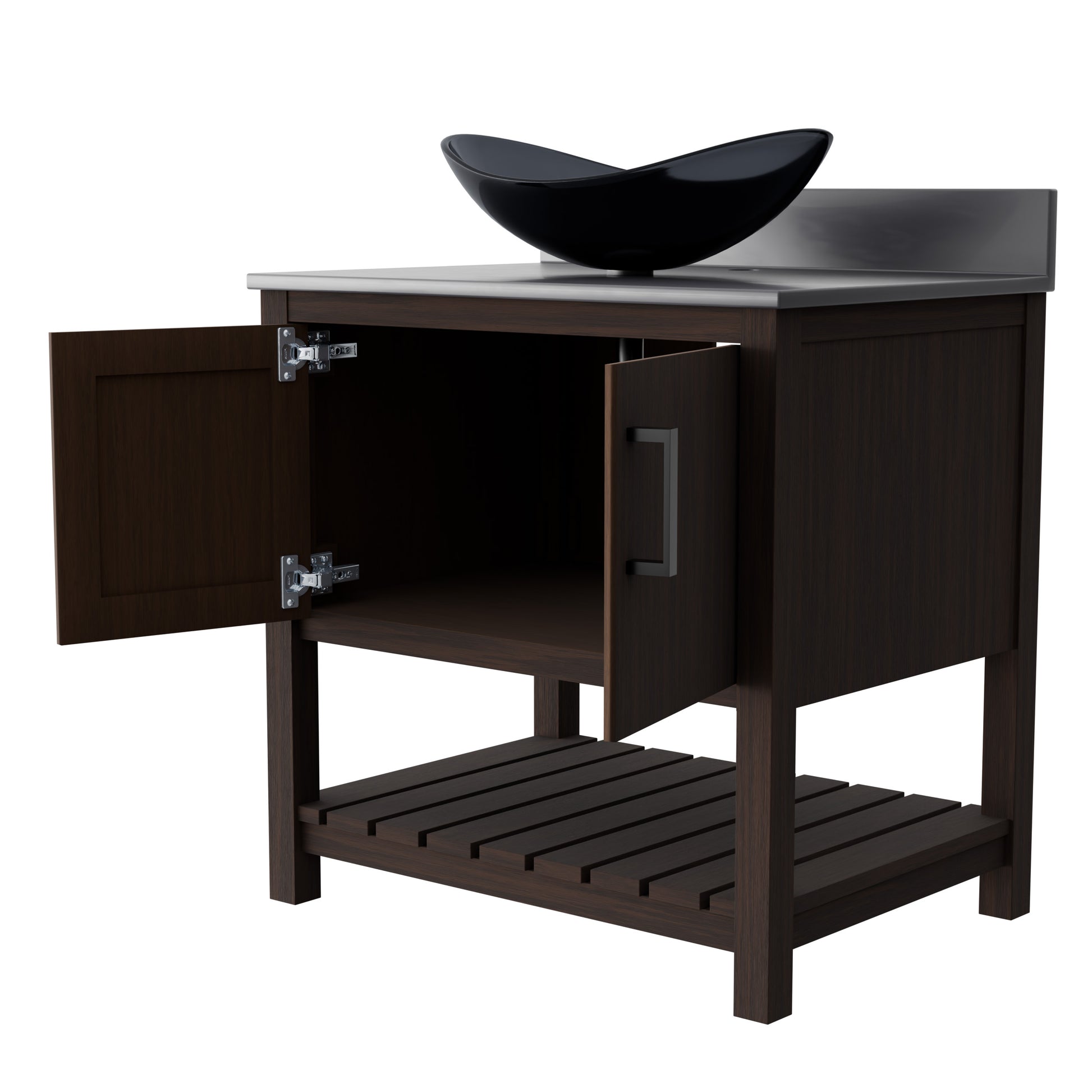 30-inch Novatto bath vanity with storm grey quartz countertop and integrated sink, showcasing sleek bathroom accessory design