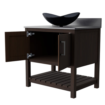 30-inch Novatto bath vanity with storm grey quartz countertop and integrated sink, showcasing sleek bathroom accessory design