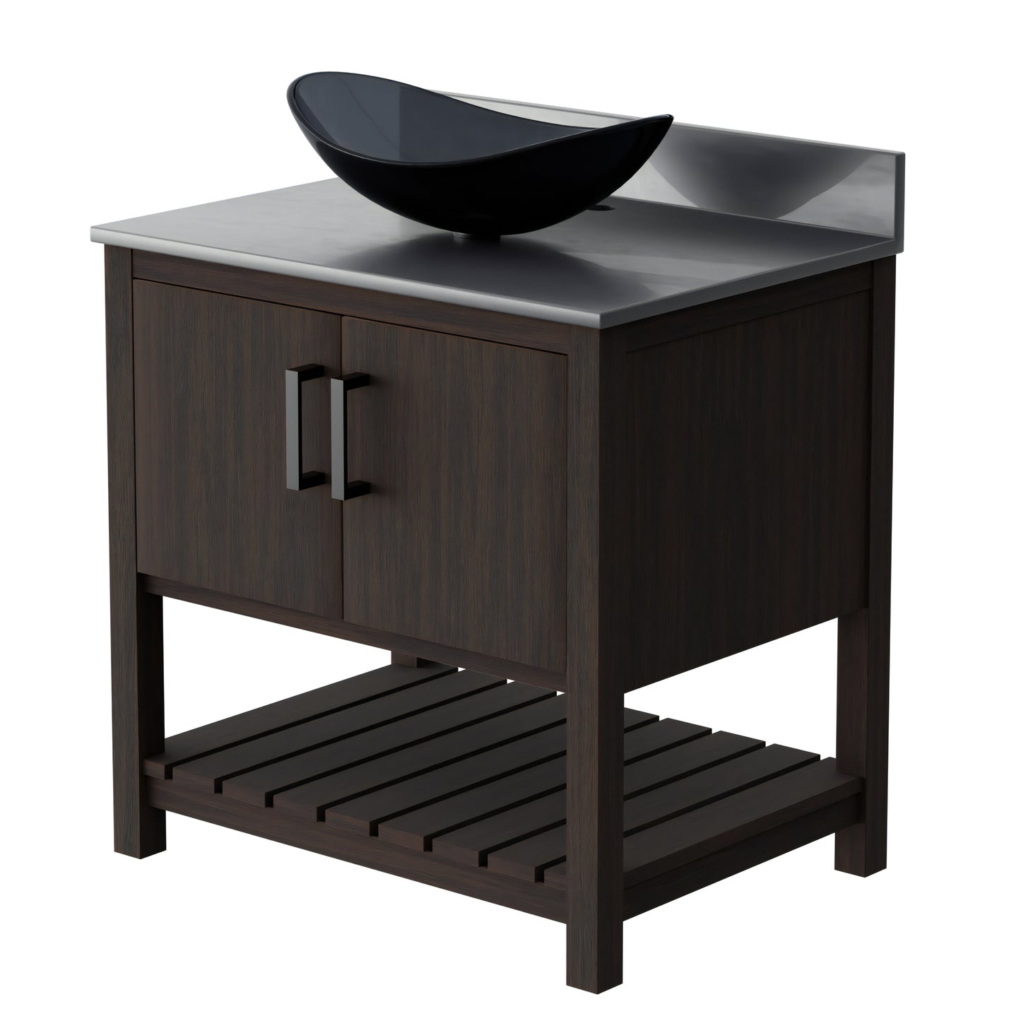 30-inch Novatto bath vanity with storm grey quartz countertop and sink, showcasing sleek bathroom accessory design.
