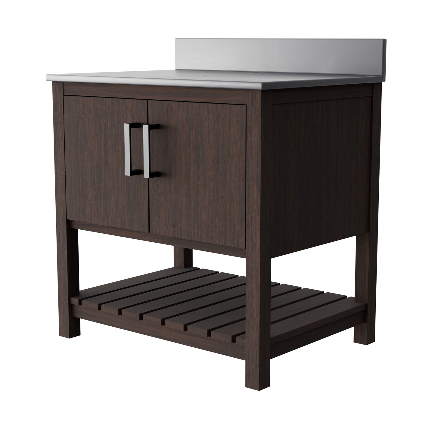 30-inch vanity with storm grey quartz countertop by Novatto, showcasing its sleek, modern bathroom accessory design.