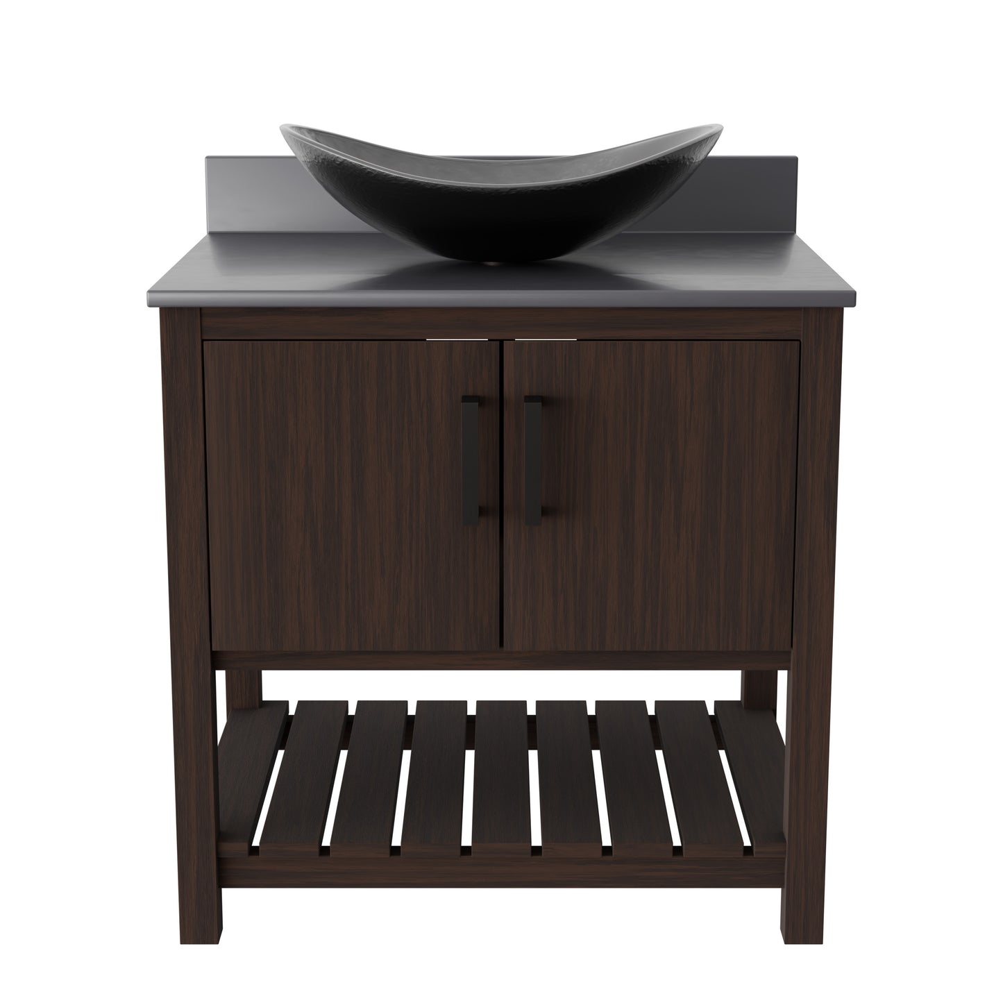 Novatto 30-inch bath vanity with storm grey quartz countertop and integrated sink, modern bathroom accessory.