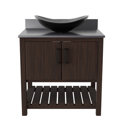 Novatto 30-inch bath vanity with storm grey quartz countertop and integrated sink, modern bathroom accessory.