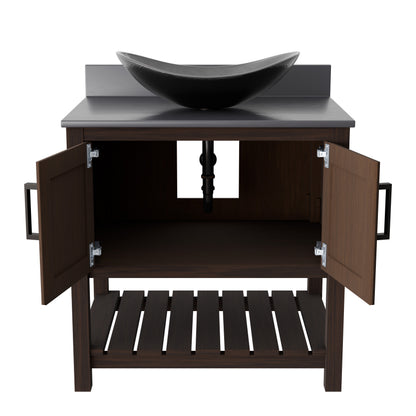 30-inch Novatto bath vanity with storm grey quartz countertop and sink showcasing modern bathroom accessory design.