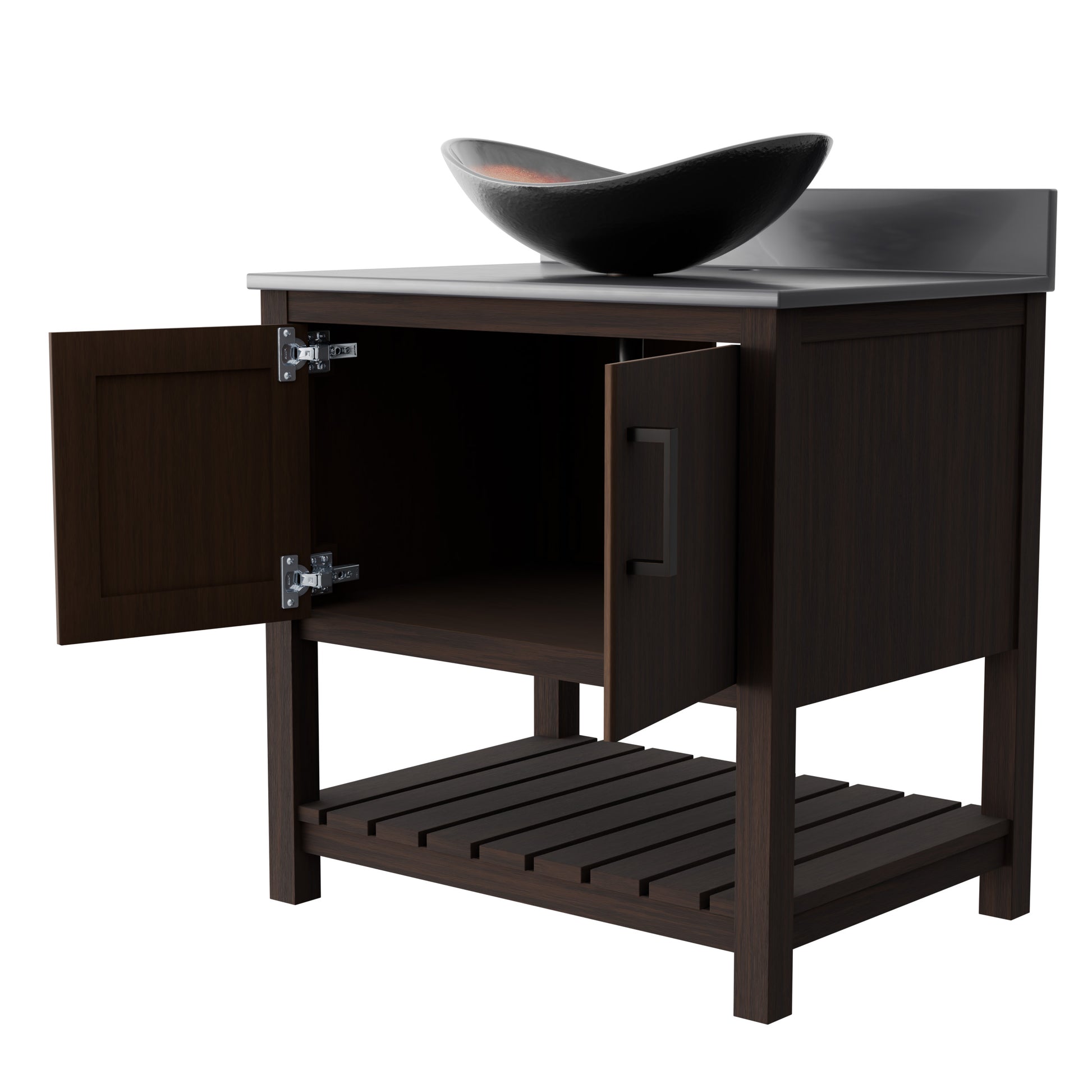 Novatto 30-inch bath vanity with storm grey quartz countertop and integrated sink, modern bathroom accessory.