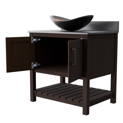 Novatto 30-inch bath vanity with storm grey quartz countertop and integrated sink, modern bathroom accessory.