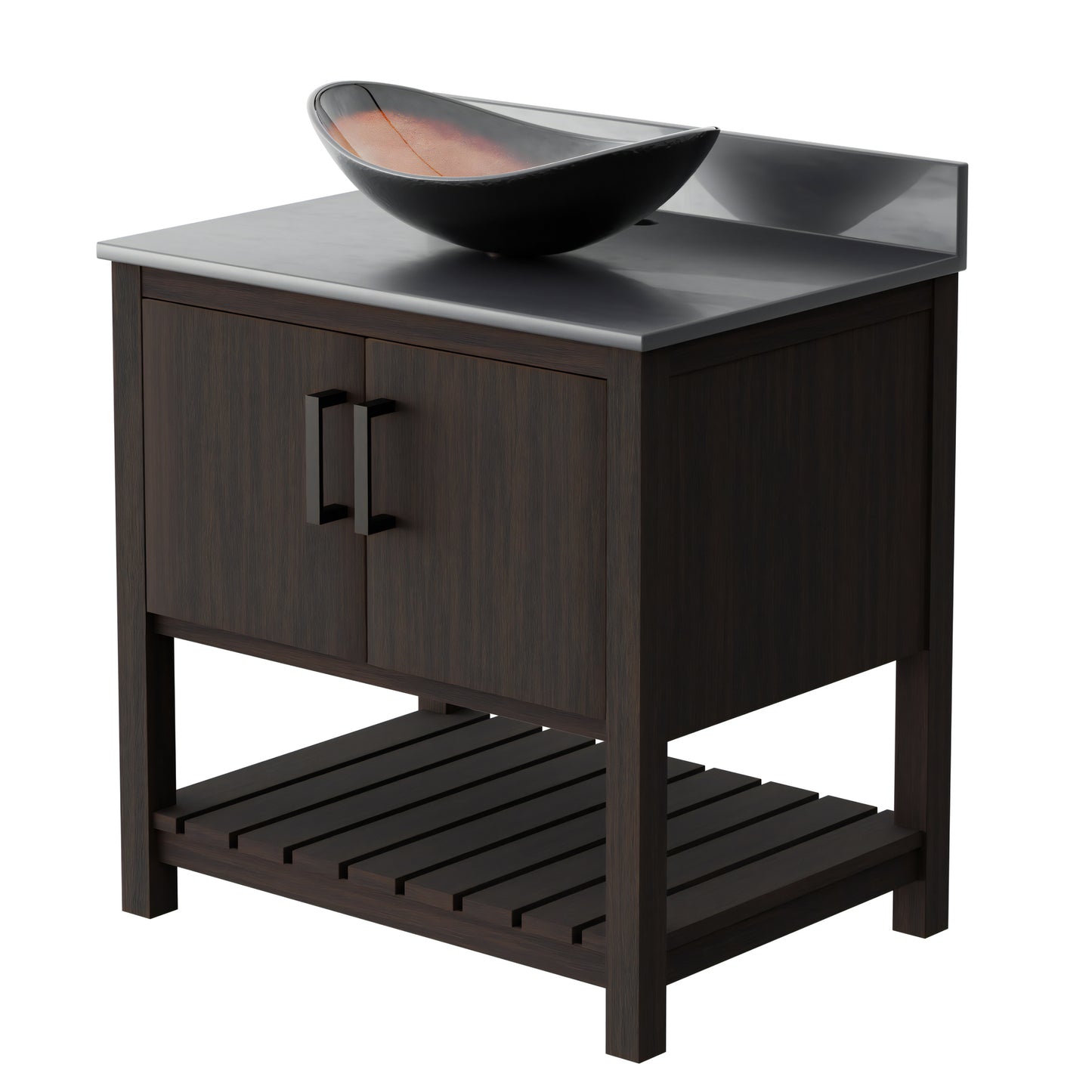 Novatto 30-inch bath vanity with storm grey quartz countertop and integrated sink, modern bathroom accessory design.