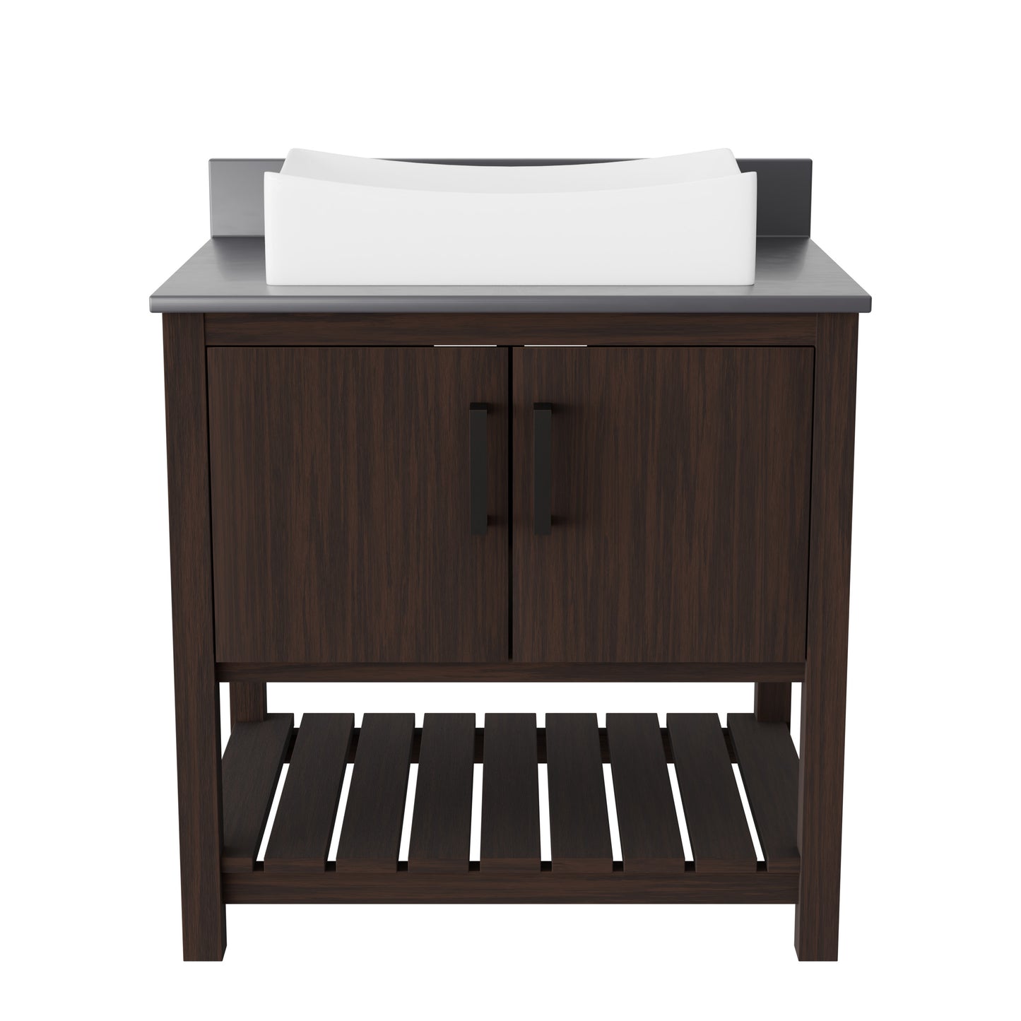 30-inch Novatto bath vanity with storm grey quartz countertop and sink, featuring sleek bathroom accessory design.