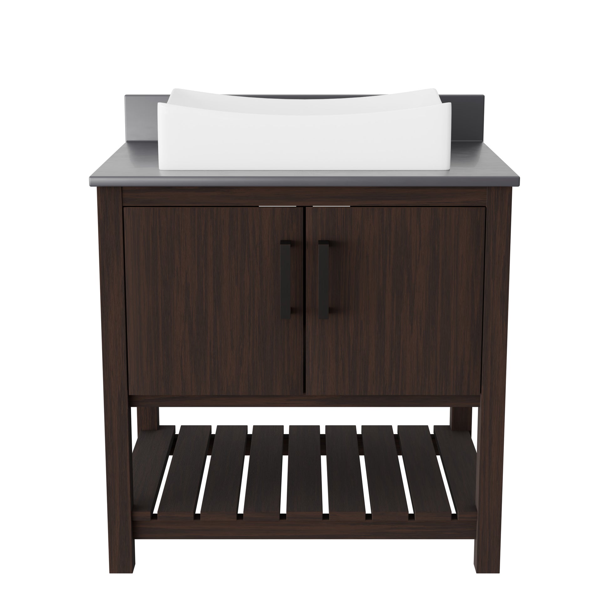 30-inch Novatto bath vanity with storm grey quartz countertop and sink, featuring sleek bathroom accessory design.