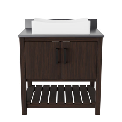 30-inch Novatto bath vanity with storm grey quartz countertop and sink, featuring sleek bathroom accessory design.