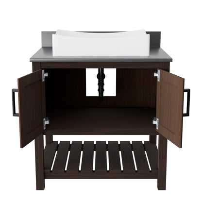 30-inch Novatto bath vanity with storm grey quartz countertop and integrated sink, showcasing modern bathroom accessory design
