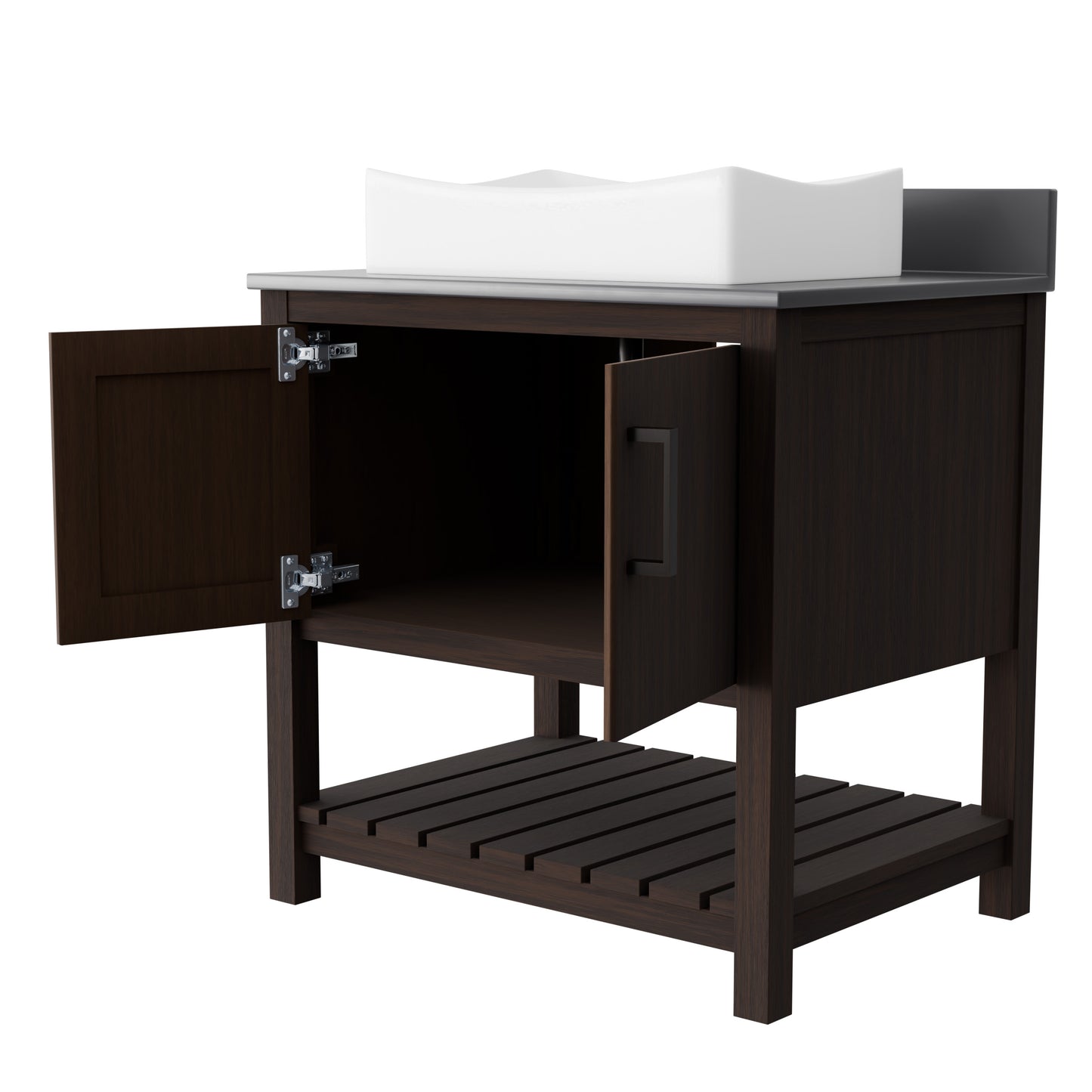 Novatto 30-inch bath vanity with storm grey quartz countertop and sink, modern bathroom accessory with sleek design