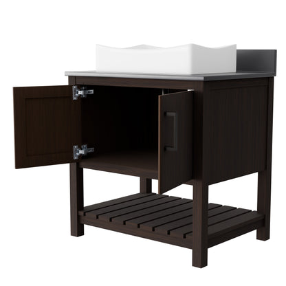 Novatto 30-inch bath vanity with storm grey quartz countertop and sink, modern bathroom accessory with sleek design