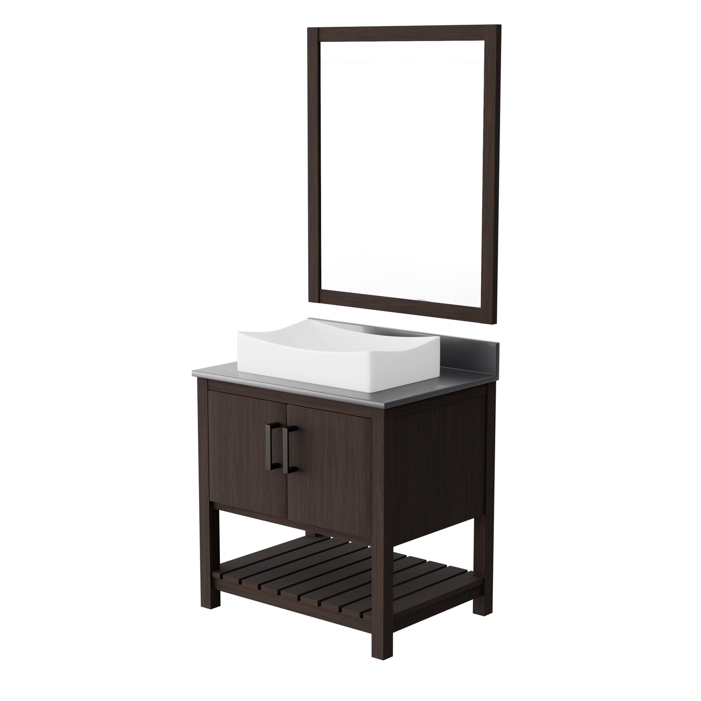 30-inch Novatto bath vanity with storm grey quartz countertop and sink, showcasing modern bathroom accessory design.
