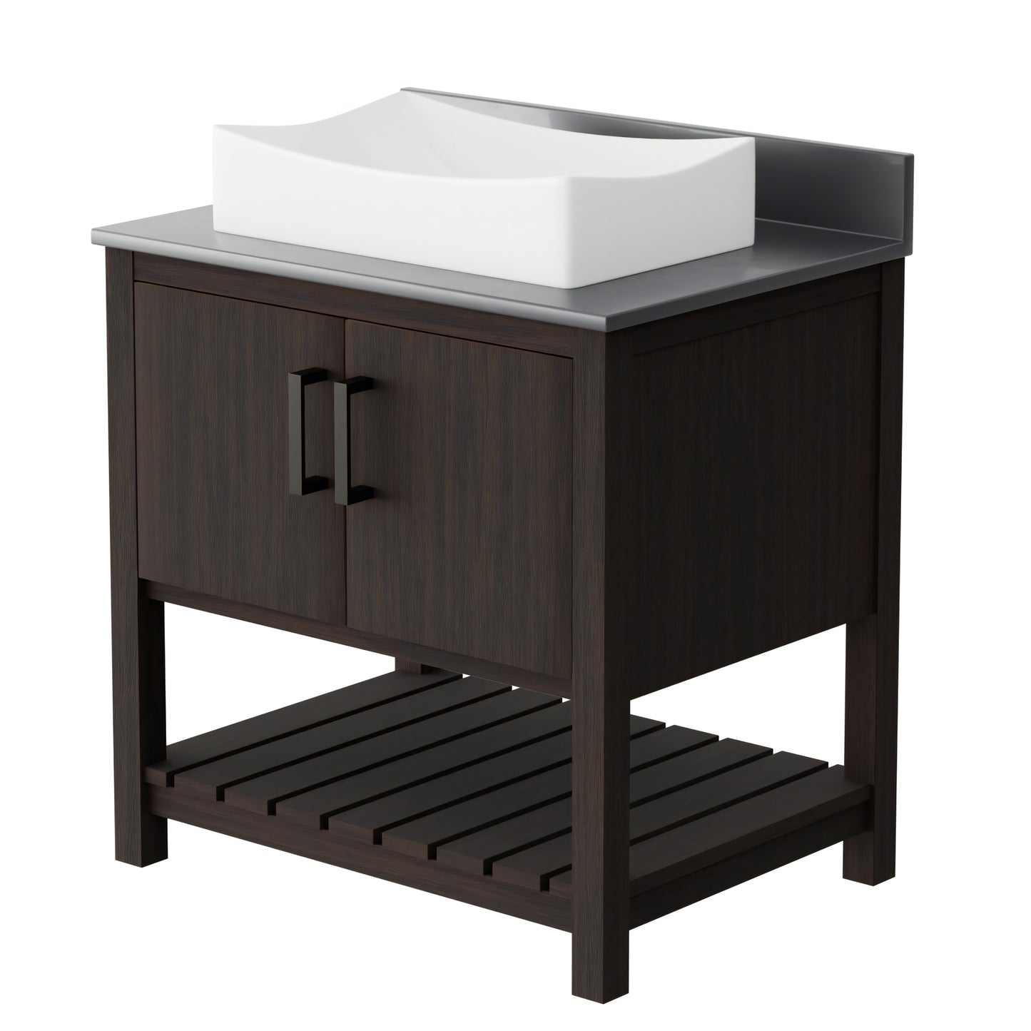 30-inch Novatto bath vanity with storm grey quartz countertop and integrated sink, modern bathroom accessory.