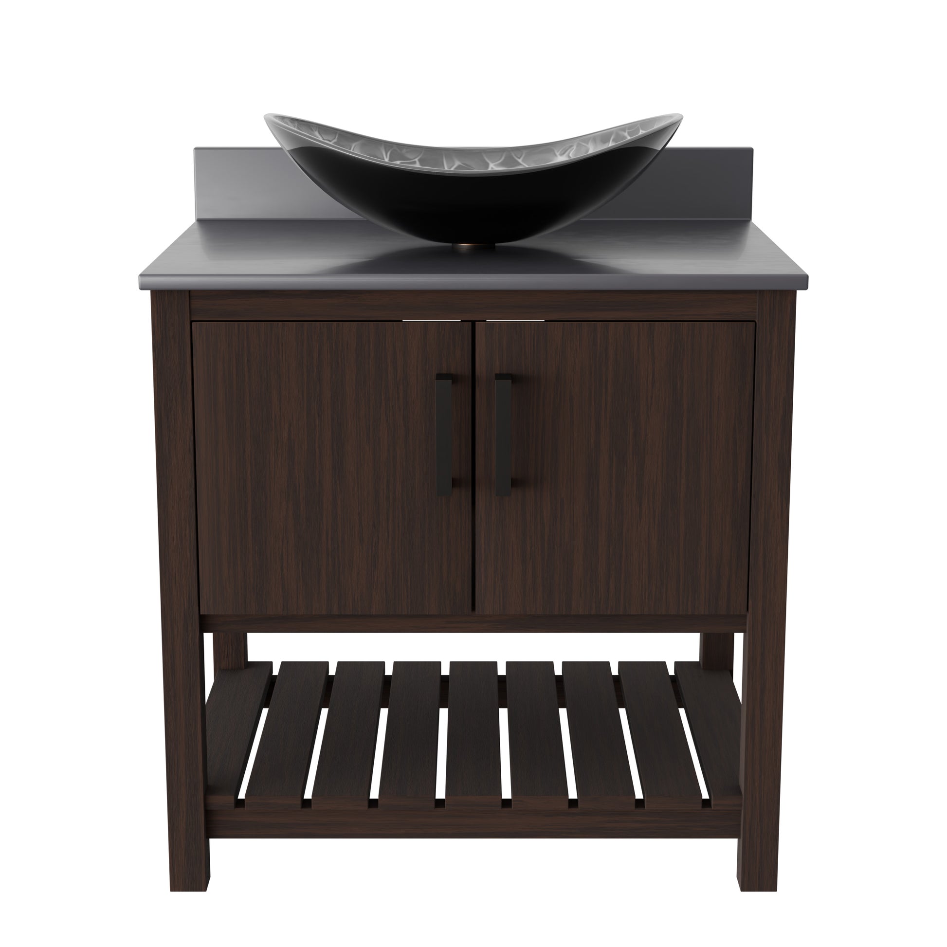 30-inch Novatto bath vanity with storm grey quartz countertop and sink, featuring modern accessory design.
