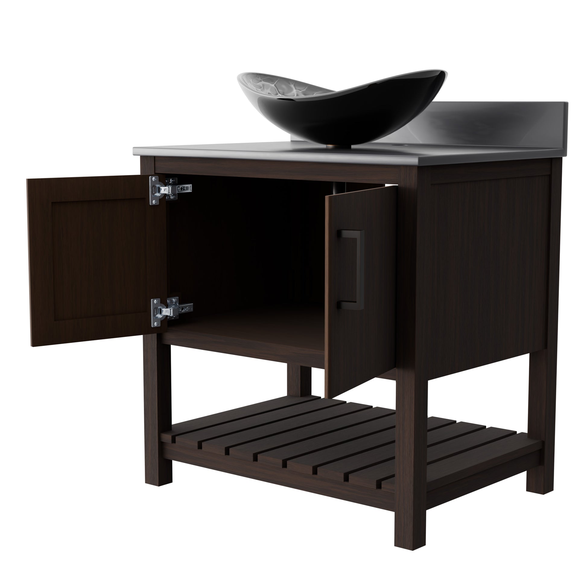 30-inch Novatto bath vanity with storm grey quartz countertop and sink, showcasing sleek bathroom accessory design.