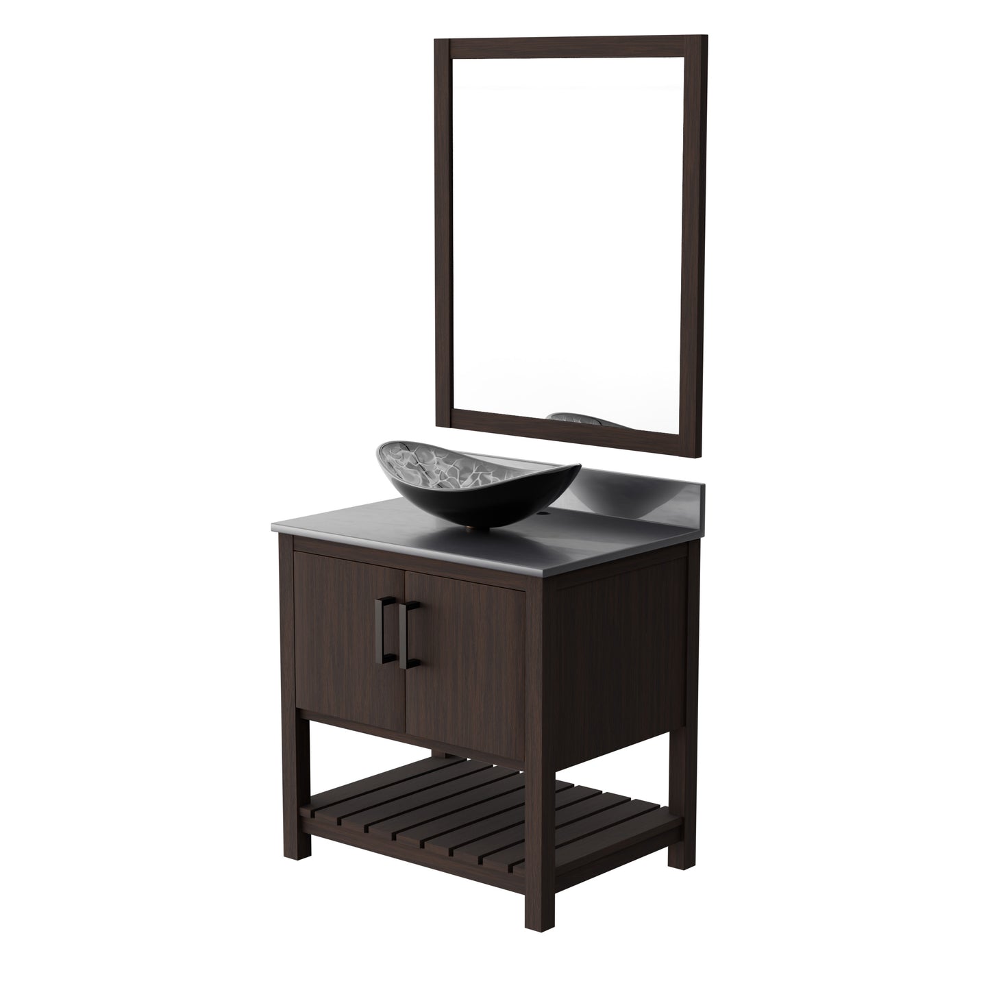 30-inch Novatto bath vanity with storm grey quartz countertop and integrated sink, showcasing modern bathroom accessory design.