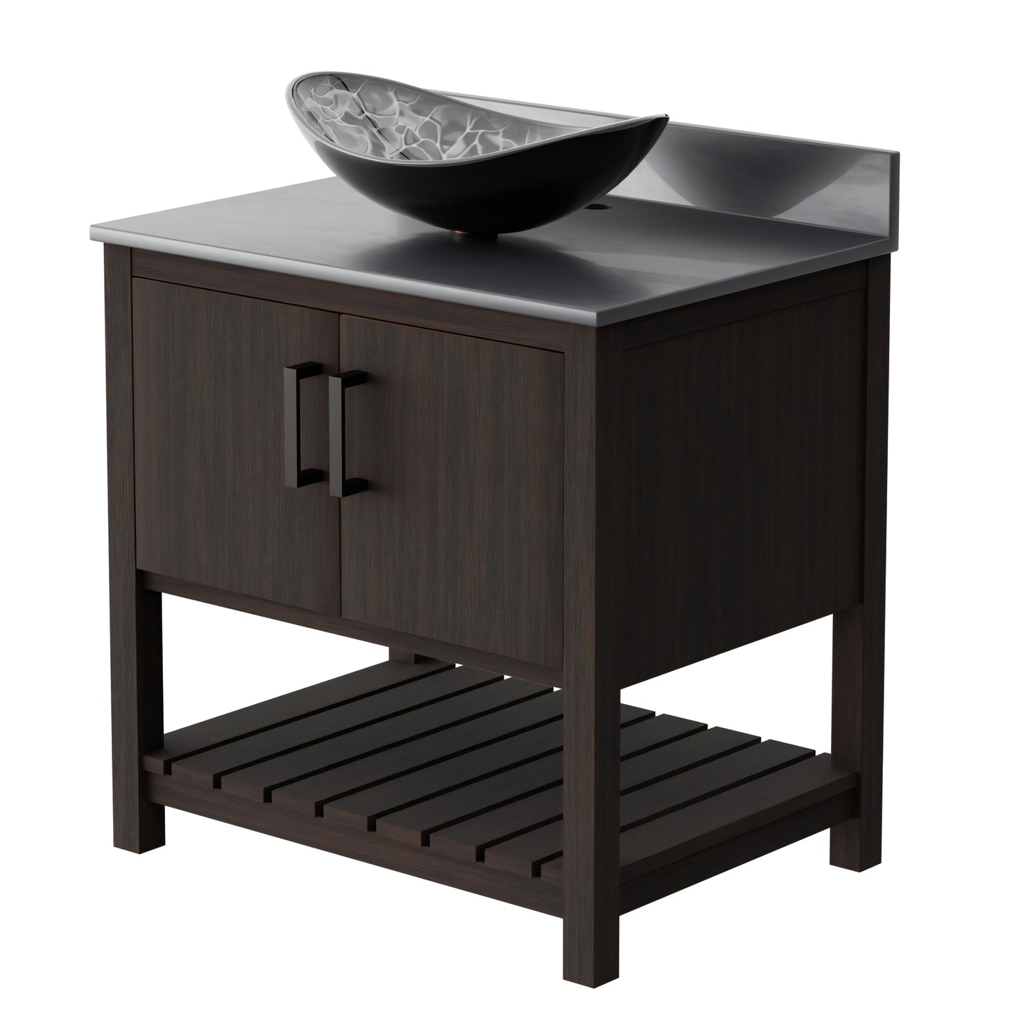 30-inch Novatto bath vanity with storm grey quartz countertop and integrated sink, featuring a sleek modern design.