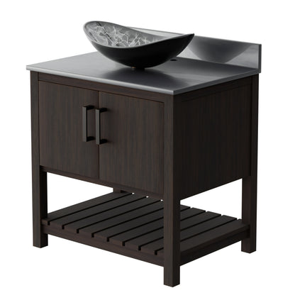 30-inch Novatto bath vanity with storm grey quartz countertop and integrated sink, featuring a sleek modern design.