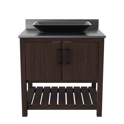 30-inch Novatto bathroom vanity with storm grey quartz countertop and sink, showcasing sleek modern design and high-quality materials.