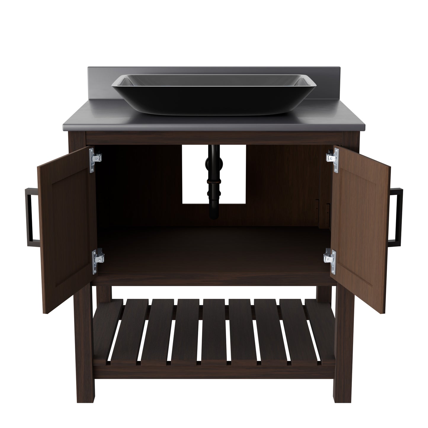 Novatto 30-inch bath vanity with storm grey quartz countertop and integrated sink, modern bathroom accessory.