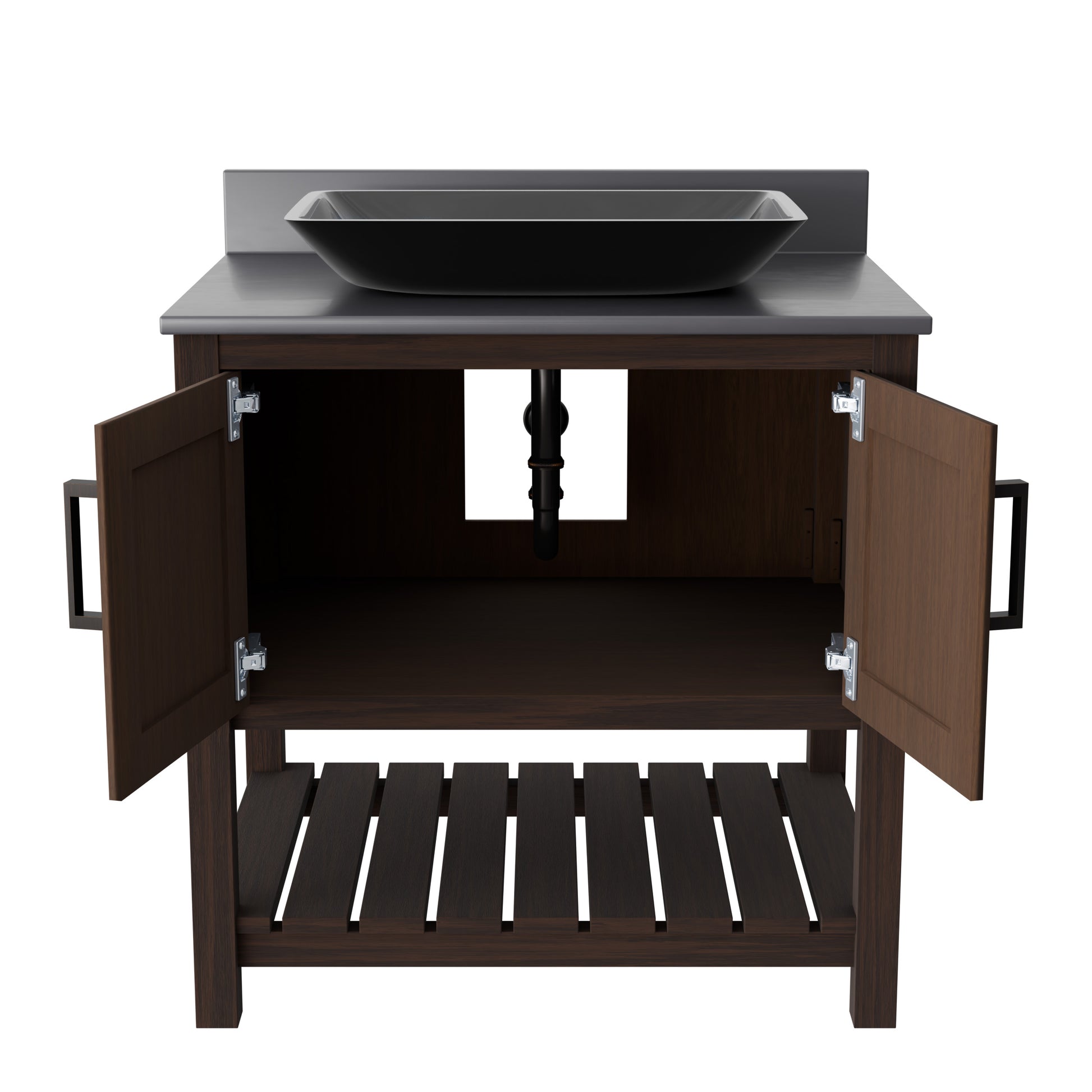 Novatto 30-inch bath vanity with storm grey quartz countertop and integrated sink, modern bathroom accessory.