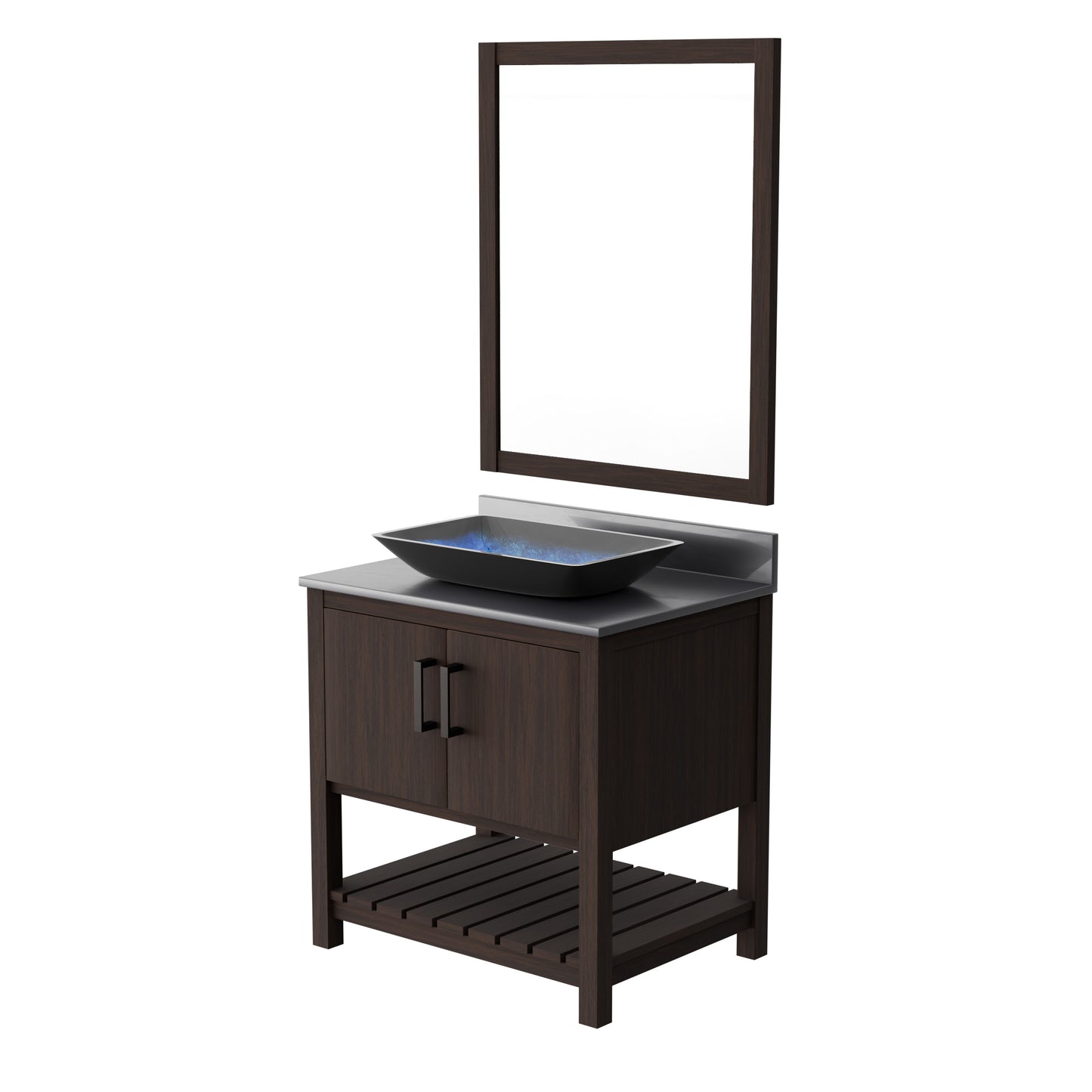 Novatto 30-inch bath vanity with storm grey quartz countertop and integrated sink, modern bathroom accessory with sleek design