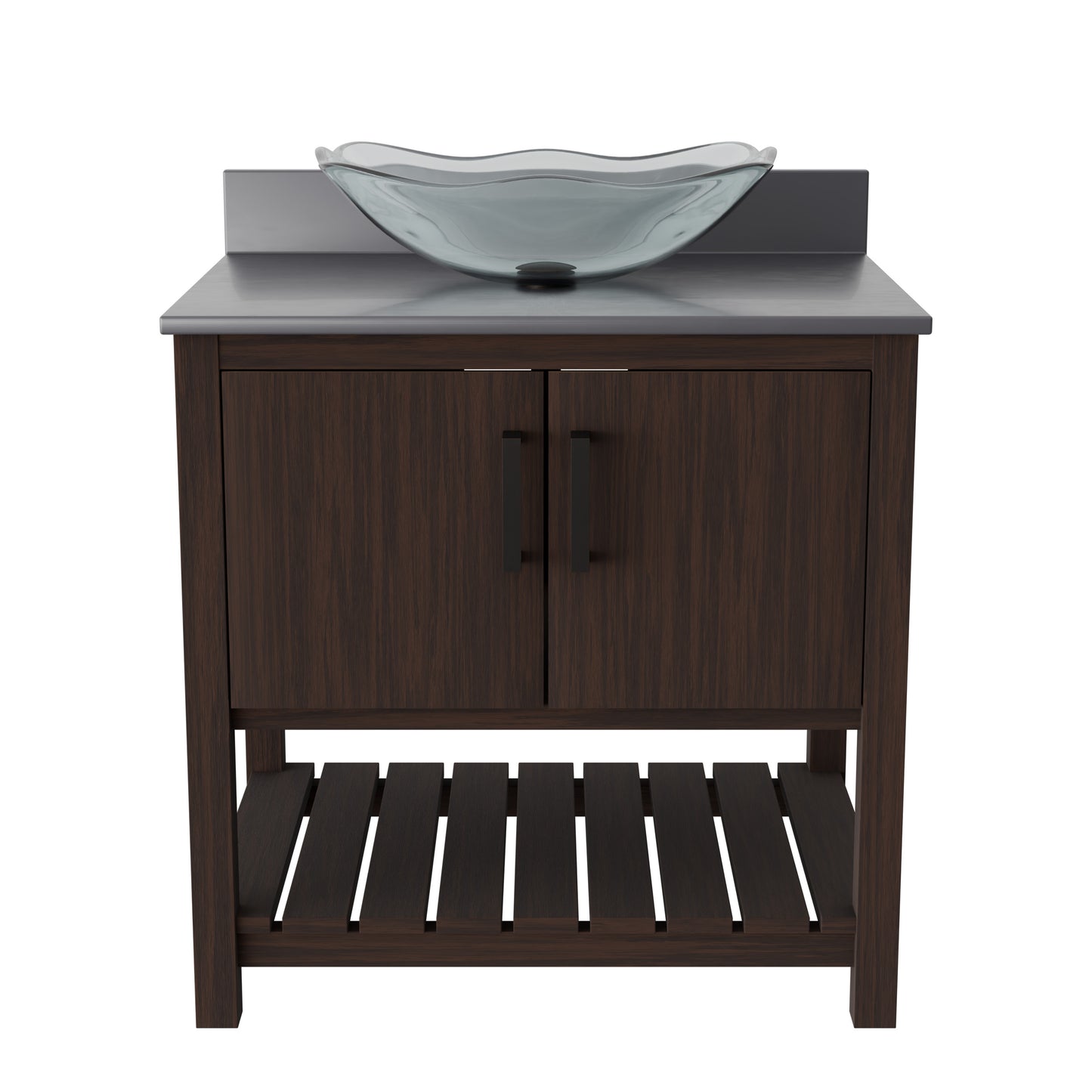 Novatto 30-inch bath vanity with storm grey quartz countertop and sink, showing sleek bathroom accessory design