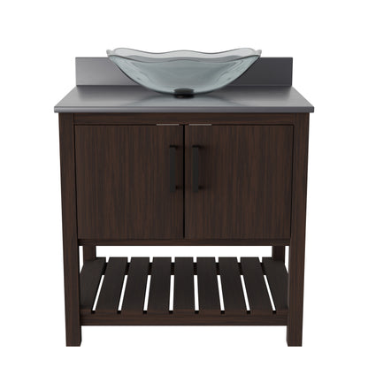 Novatto 30-inch bath vanity with storm grey quartz countertop and sink, showing sleek bathroom accessory design