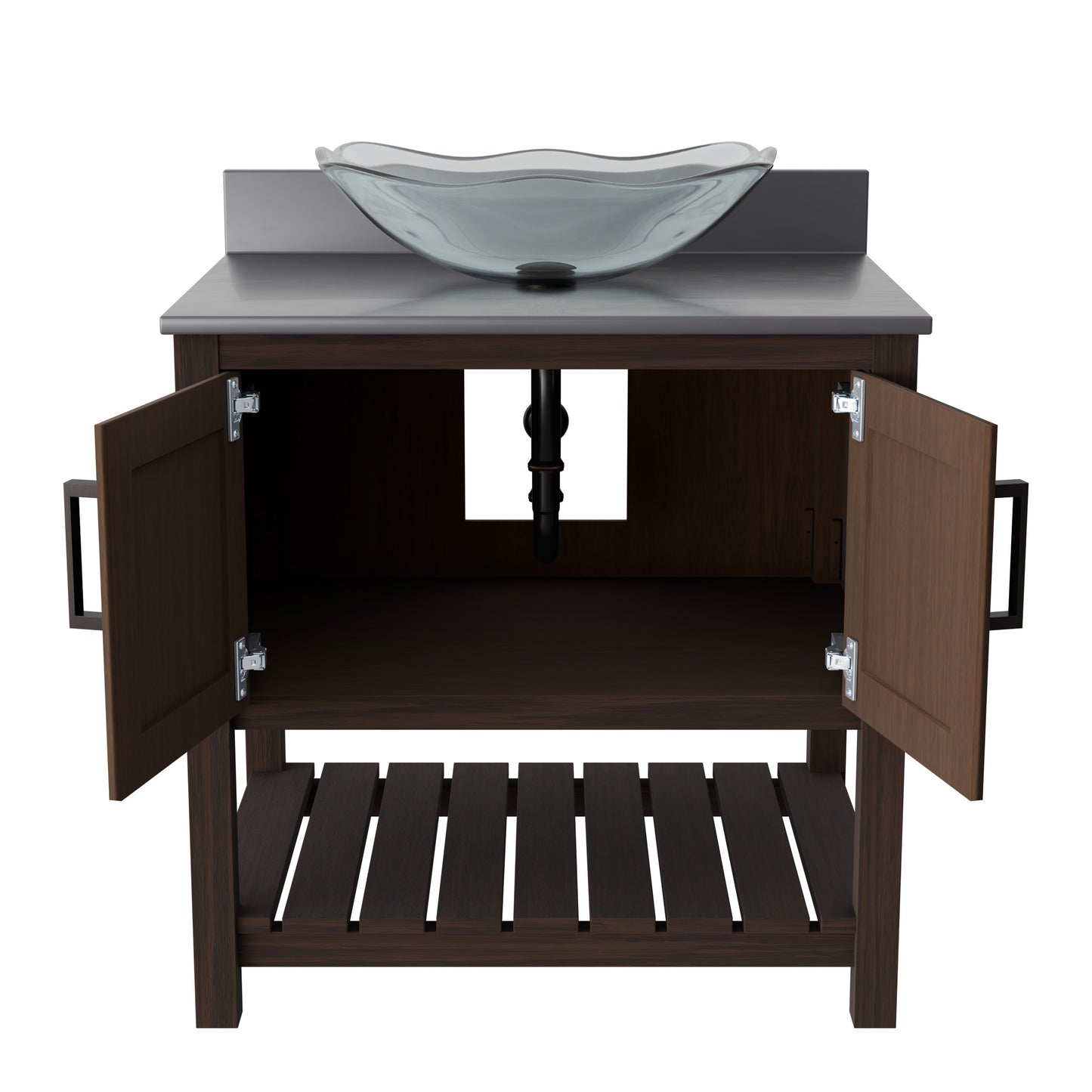 Novatto 30-inch bath vanity with storm grey quartz countertop and sink, showcasing modern bathroom accessory design.