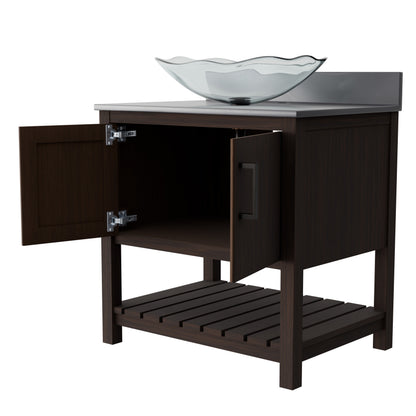 30-inch Novatto bath vanity with storm grey quartz countertop and sink, featuring modern bathroom accessory design.