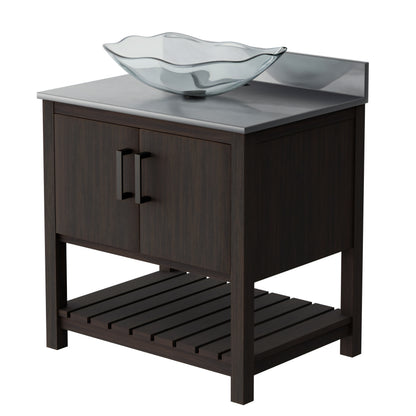 30-inch Novatto bath vanity with storm grey quartz countertop and integrated sink, showcasing the modern accessory design.