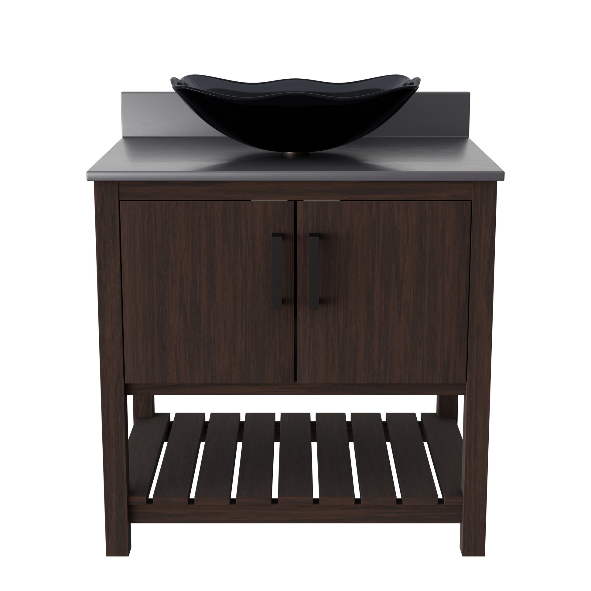 30-inch Novatto bath vanity with storm grey quartz countertop and sink, featuring an elegant modern design.