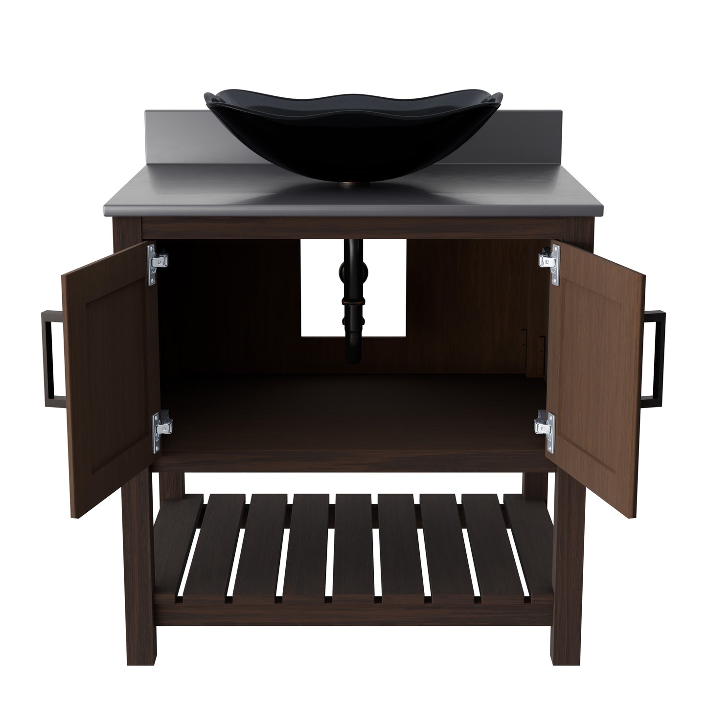 30-inch Novatto bath vanity with storm grey quartz countertop and sink, showcasing modern bathroom accessory design.